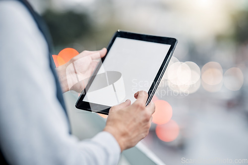 Image of Digital tablet, city and blank screen with mockup space for advertising, marketing or product placement. Technology, touchscreen and man browsing on social media, internet or mobile app on a device.