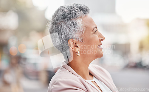 Image of Senior woman, city and business person profile with blurred background thinking of finance work. Urban, investment vision and mature female outdoor happy about investing and retirement ideas