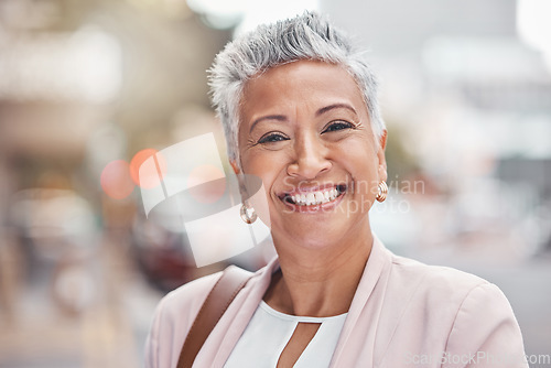 Image of Corporate senior woman, city and portrait for smile, happy or excited for job in financial service. Accountant, happiness and face by blurred background in metro, outdoor or motivation for accounting