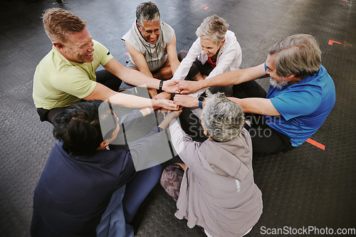 Image of Top view, exercise and senior group holding hands, training goal and celebration for teamwork. Old men and elderly women huddle on floor, touching and connect for achievement, stretch arms or fitness