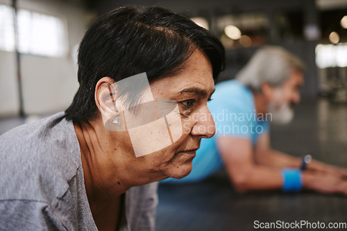 Image of Senior, fitness and couple of friends at gym for exercise, training or strong mindset on blurred background. Old people, workout or performance at health club for cardio, focus or challenge on mockup