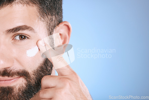 Image of Face, cream and man with skincare mockup, sunscreen and beauty of clean dermatology on studio background. Male model, portrait and facial lotion for body care cosmetics, wellness or aesthetic mock up