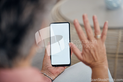 Image of Woman, phone and video call on mockup screen, online virtual communication or social networking connection. Hands wave hello on mobile mock up with technology, digital voip and smartphone media space