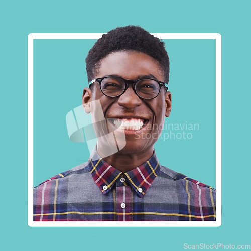 Image of Portrait, black man and excited smile in studio with glasses on color frame, border and background. Funny face, happy male model and nerd smiling with confidence, happiness and confident young geek