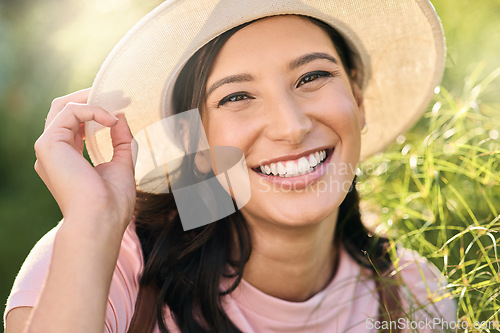 Image of Portrait, woman and smile on countryside vacation, Canadian girl and weekend break. Face, female tourist and lady with happiness, carefree and freedom on holiday, tourism and outdoor with joy and fun