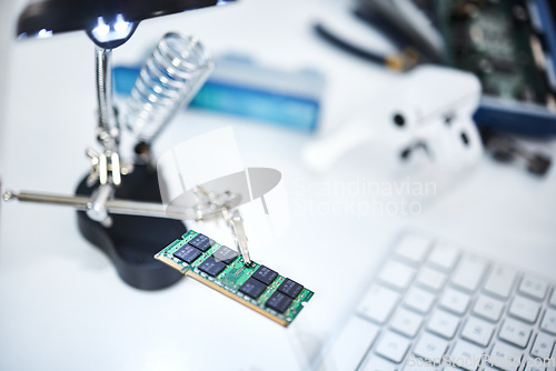 Image of Microchip, technology and engineering with computer maintenance and IT, motherboard and circuit board. Tech support, repair drive and semiconductor with science, hardware and electronics in lab