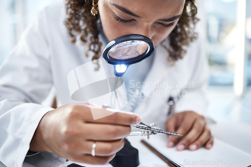 Image of Science, magnifying glass and and woman with microchip for inspection, repair and maintenance in lab. Computer research, technician and engineer working on tech hardware, processor and motherboard