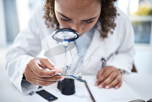 Image of Hand, microchip and magnifying glass with an engineer woman at work in a laboratory for research or innovation. Science, computer chip or zoom with a female scientist in a lab to develop electronics