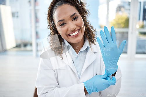 Image of Black woman, scientist and medical research, gloves and hands, smile in portrait with safety and health science. Healthcare, doctor and hygiene, prepare for test or exam with experiment and PPE