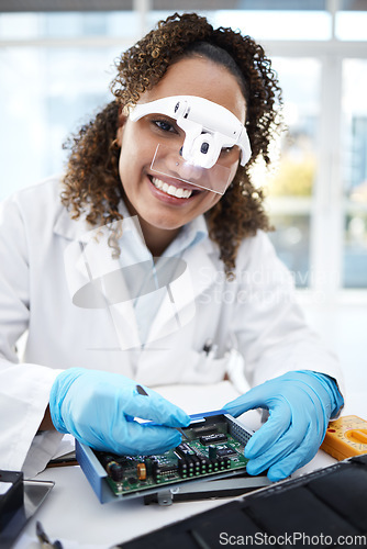 Image of Programming, computer hardware and portrait of black woman with electronic cpu, circuit and microchip. Technology maintenance, it repair and face of engineer smile fix code, motherboard and processor