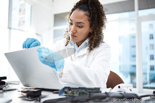 Image of Black woman, computer motherboard or system for technician in cyber crime investigation at laboratory. Information technology engineer, laptop or lab for programmer with data analysis for IT solution