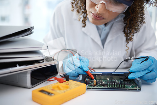 Image of Computer hardware, diagnostic and black woman electrician working on electronic cpu, circuit and microchip. It maintenance, programming and female engineer repair coding, motherboard and processor