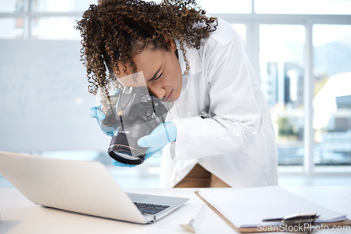 Image of Medical investigation, camera and black woman with laptop in laboratory for forensic research with evidence. Photography, science and girl take picture for crime analysis, analytics and observation
