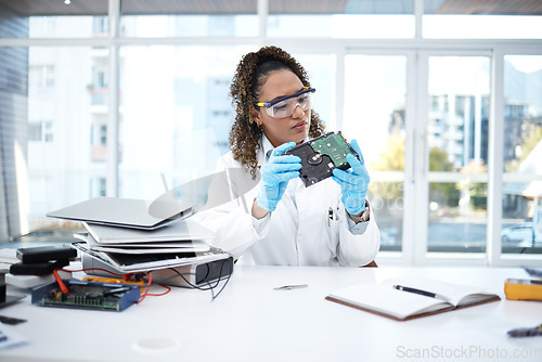 Image of Computer hardware, programming and black woman electrician working on electronic cpu, circuit and microchip. Technology system, it repair and engineer for coding, motherboard and processor inspection