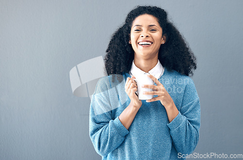 Image of Black woman, portrait and coffee drink in studio, background and mockup backdrop. Happy young african female model smile with cup of tea, cappuccino and mug of latte beverage, happiness and mock up