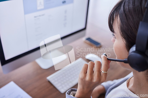 Image of Woman, call center and computer in telemarketing communication for desktop support at the office. Female consultant or agent with headset mic for online advice or consulting assistance at workplace