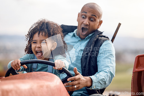 Image of Farming, tractor and father driving with his child outdoor on the farm with a omg, scared and crazy face expression. Nature, eco friendly and dad riding with his girl kid in agro field in countryside