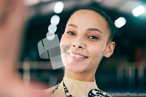 Image of Selfie, gymnastics and portrait of woman in gym excited for aerobics competition, practice and training. Sports, fitness and photo of girl rhythmic athlete for balance, flexibility and dance routine