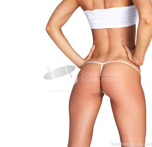 Image of Woman, butt and beauty in studio with underwear, dermatology spa and skincare of body wellness. Female model with sexy ass in lingerie, mockup liposuction and cosmetology isolated on white background