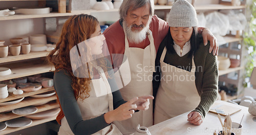 Image of Art teacher, pottery and senior couple in a class, learning tips in art class. Young woman teaching old man and old woman to roll clay, sculpture and giving instruction in studio to learn new skill