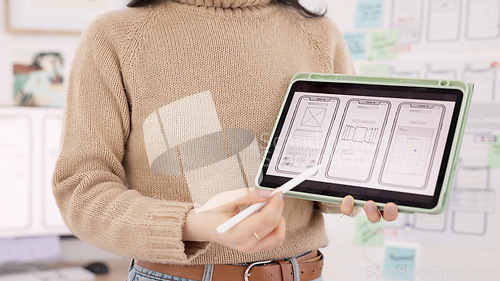 Image of App, developer and woman with hands on tablet design screen for development of ui, ux and tech project. Designer, display and innovation employee in office with digital illustration presentation.