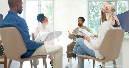 Image of Businessman, talking or answer hands in diversity workshop, training or feedback on tablet or paper. Collaboration, teamwork or strategy planning question for mentor with technology in review meeting