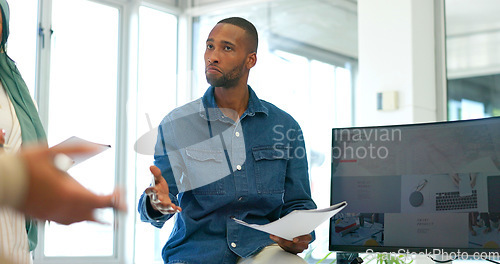 Image of Black businessman, mentor or diversity meeting on paper, documents or review in coaching or training feedback. Speaker, leadership or talking in workshop, collaboration or teamwork strategy planning