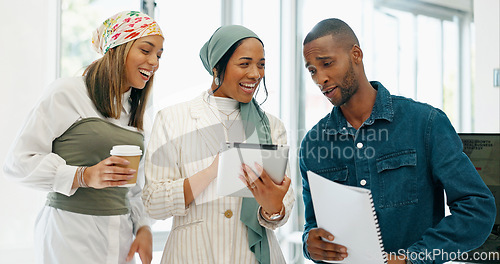 Image of Business people, laughing or meeting with tablet, paper or documents in company joke, meme or funny comic website. Smile, happy or talking women and man on technology in diversity teamwork for brand