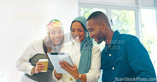 Image of Business people, laughing or meeting with tablet, paper or documents in company joke, meme or funny comic website. Smile, happy or talking women and man on technology in diversity teamwork for brand