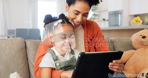 Image of Tablet, learning and black family on education app in home for remote teaching with happy child. Living room, teacher and smile of mother helping daughter with educational internet application.