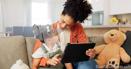 Image of Tablet, learning and black family on education app in home for remote teaching with happy child. Living room, teacher and smile of mother helping daughter with educational internet application.