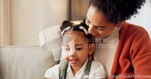 Image of Happy, mother and child with hug, kiss and love for playful relationship bonding on living room sofa at home. Mama and kid playing together in happiness for loving care or joy relaxing on the couch