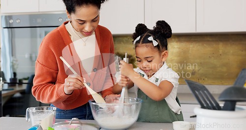 Image of Family, cooking and child learning baking fun skills development activity and bonding in kitchen at home. Happy mother, kid smile and mom teaching to bake cake recipe, support and trust relationship