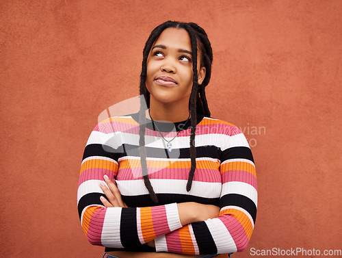 Image of Thinking, black woman and face on background for ideas, mindset and planning on mockup. Inspiration, brainstorming and female model curious for question, solution and remember memory on mock up wall