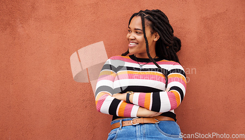 Image of Mockup, black woman and thinking with arms crossed, wall and carefree with fantasy, imagination and wonder. Female, Jamaican and lady with decisions, choice or opportunity with smile or trendy outfit