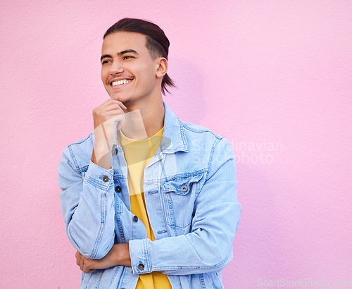 Image of Thinking, man and vision on pink background of happy ideas, mindset and planning on mockup studio wall. Inspiration, happiness and male model smile for question, solution and remember memory of goals