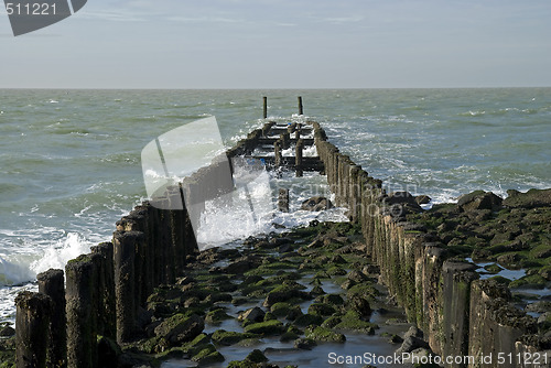 Image of North Sea beach with breakwater,Netherlands