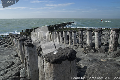 Image of North Sea beach with breakwater,Netherlands