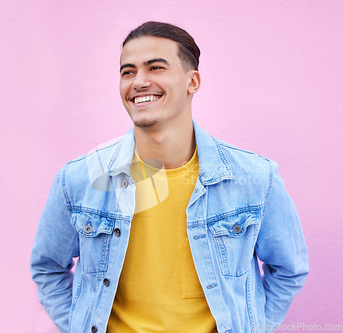 Image of Thinking, man and smile on pink background for happy ideas, mindset or fashion color on studio wall. Inspiration, happiness and male model smile for brainstorming, mockup or remember memory of vision