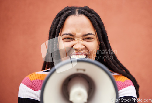 Image of Megaphone, speaker or loud black woman protest with speech announcement for politics, equality or human rights. Feminist screaming, revolution or gen z girl shouting for justice on wall background