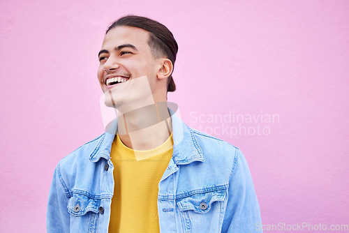 Image of Student man, happy and fashion by background with smile, motivation or lifestyle with vision. Young gen z guy, excited and dream for future with goals, happiness and edgy clothes by pink wall in city