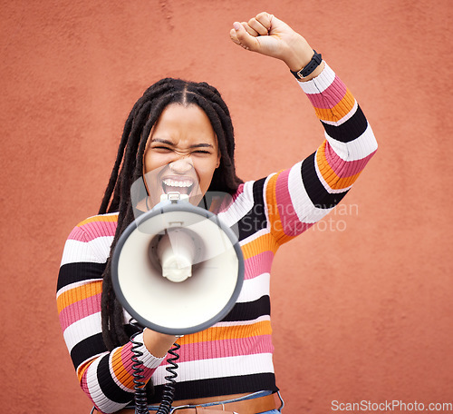 Image of Megaphone, fight or black woman shouting in speech announcement for politics, equality or human rights. Feminist leader, revolution or loud gen z girl speaker fighting for justice on wall background