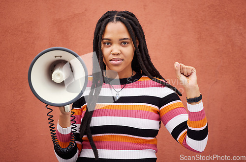 Image of Megaphone, portrait or black woman protest with speech announcement for politics, equality or human rights. Feminist leader, revolution or gen z girl with sound device for justice on wall background