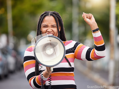 Image of Megaphone, city or black woman in protest with speech announcement for politics, equality or human rights. Feminist leader, anger or angry girl speaker fighting or shouting for justice on street road