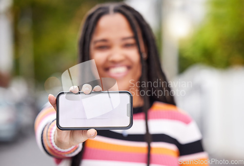 Image of Mockup screen, phone or black woman with marketing advertising or product placement digital space. Blurred, smile or happy gen z girl on social media, website or internet for content branding review