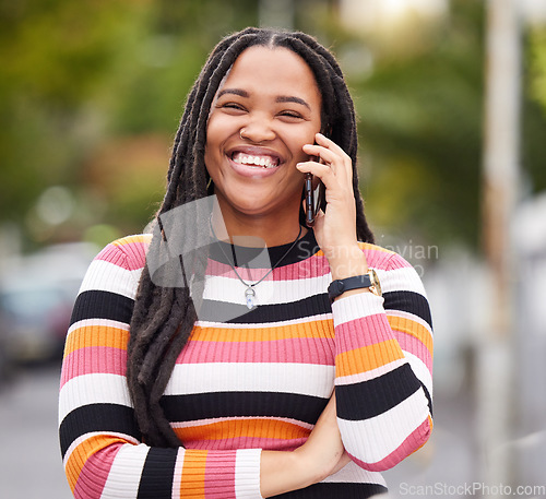 Image of Black woman, phone call and smile in city, happiness and conversation for outdoor travel. Happy urban female talking on mobile, communication and smartphone technology of online networking connection