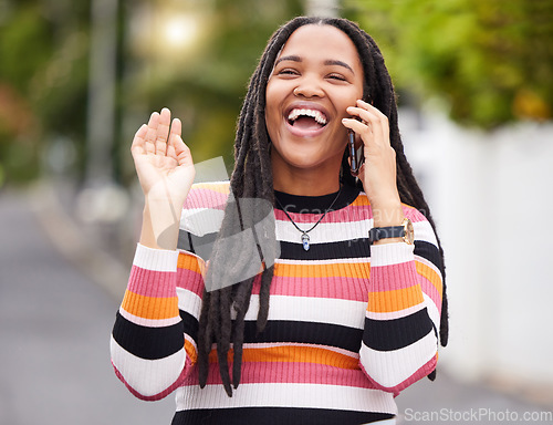 Image of Black woman, phone call and laughing in city, happiness and conversation of outdoor travel. Happy urban female talking on mobile, communication or smartphone technology of funny networking connection