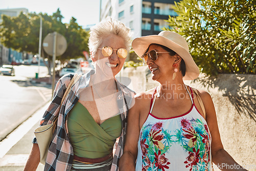 Image of Love, friends and old women on vacation, outdoor and break with casual outfit, sunglasses and happiness. Senior citizens, mature females and summer holiday to relax, rest and quality time together