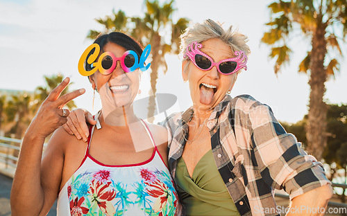 Image of Vacation, funky sunglasses and senior women in retirement on a summer weekend trip together. Happy, freedom and elderly female friends with stylish spectacles having fun while on a holiday adventure.