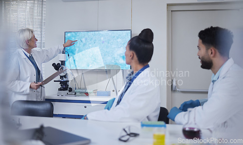 Image of Presentation, science and scientist speaker in the laboratory meeting, training or seminar. Innovation, leadership and senior female researcher presenting discovery to her team with technology in lab